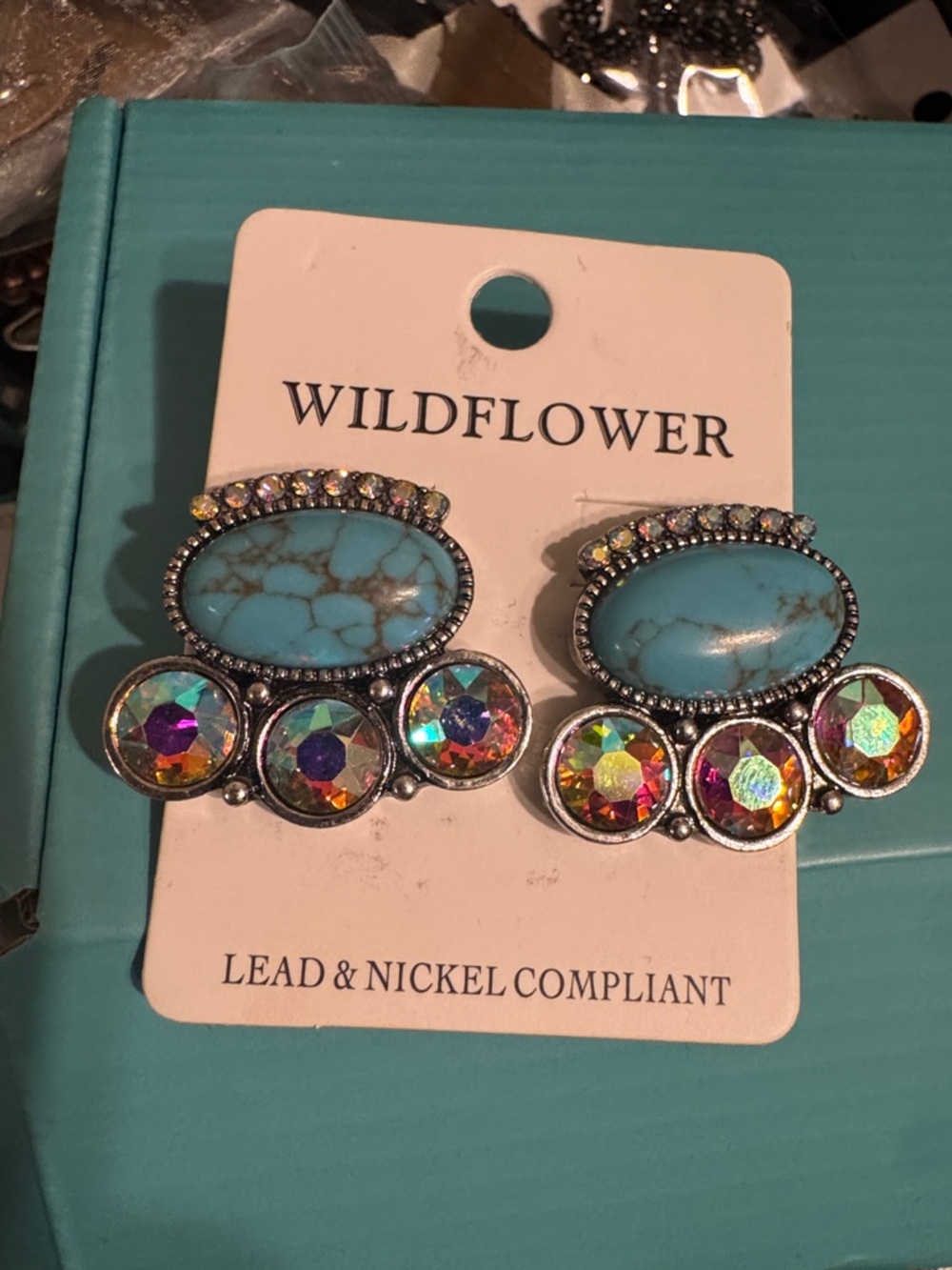Wildflower Turquoise Oval & Iridescent Crystal Drop Earrings